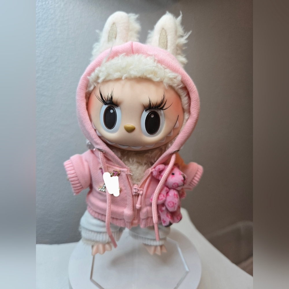 Labubu Pink Hooded Outfit With Bear Accessory